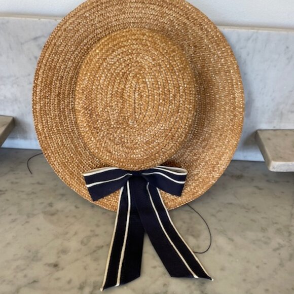 LAURA ASHLEY Vintage Straw Boater Hat with Navy White Ribbon Accent OS - Picture 5 of 16